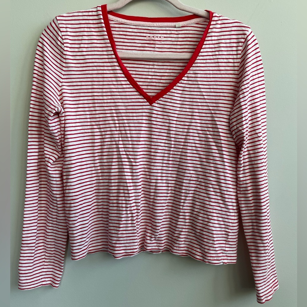 Boden Cotton Red and White Striped Long Sleeve V-Neck Tee